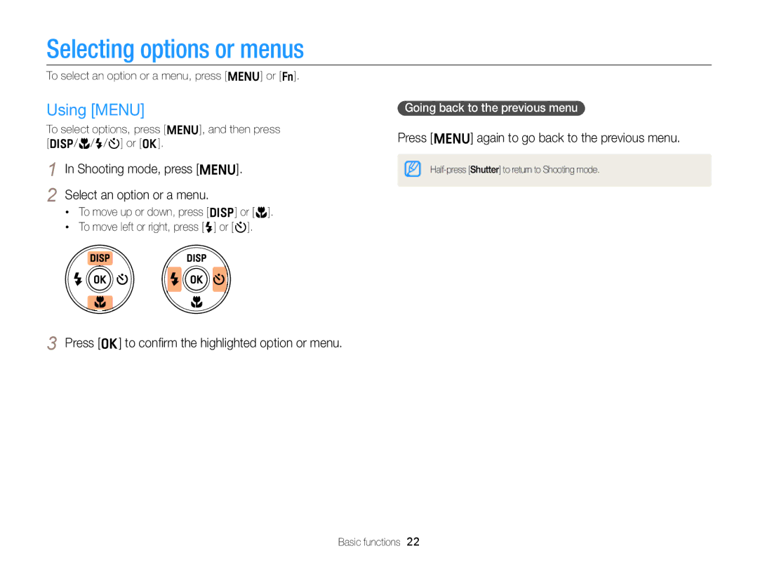 Samsung EC-ST66ZZBPRUS Selecting options or menus, Using Menu, Shooting mode, press m Select an option or a menu 