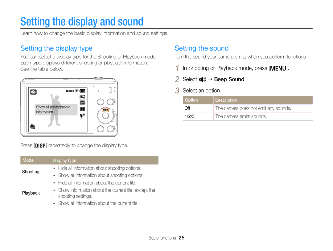 Samsung EC-ST66ZZBPRUS Setting the display and sound, Setting the display type, Setting the sound, Mode Display type 