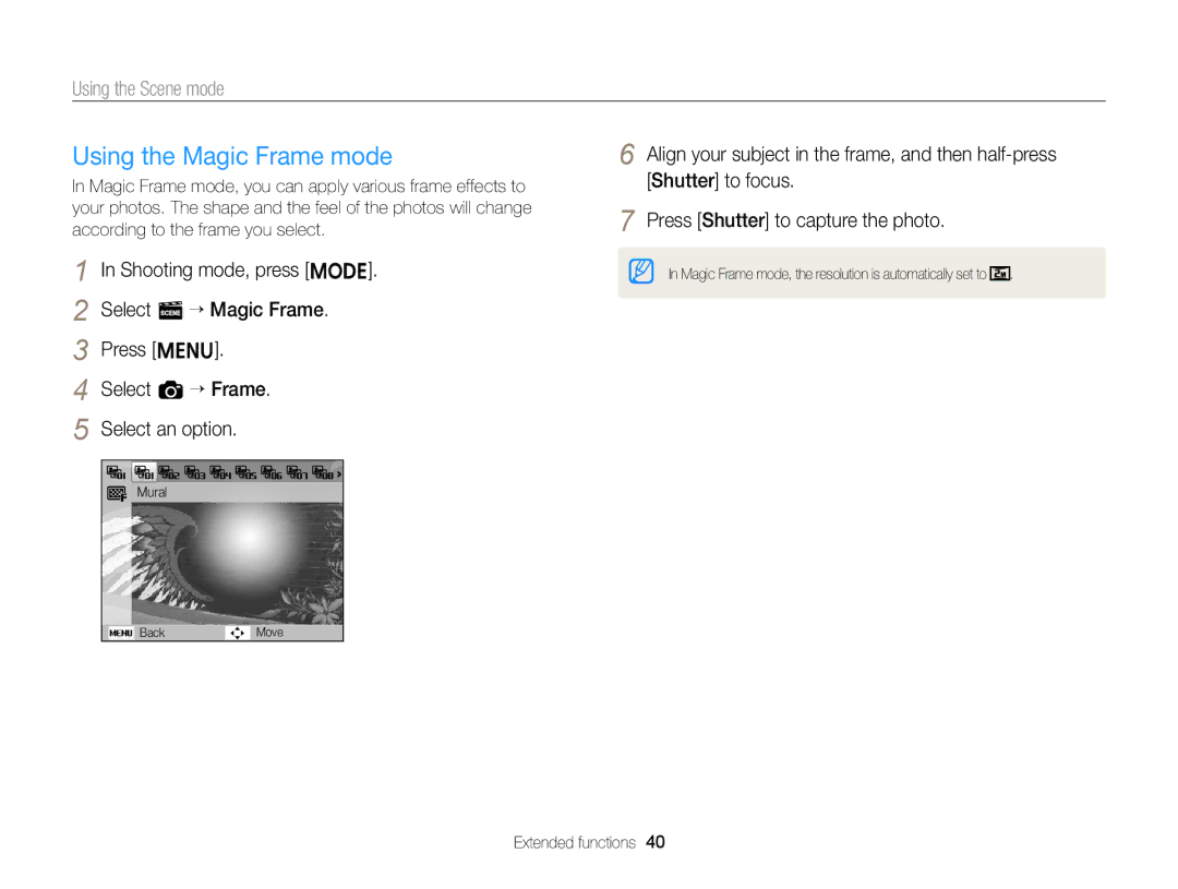 Samsung EC-ST66ZZBPRUS user manual Using the Magic Frame mode, Using the Scene mode 