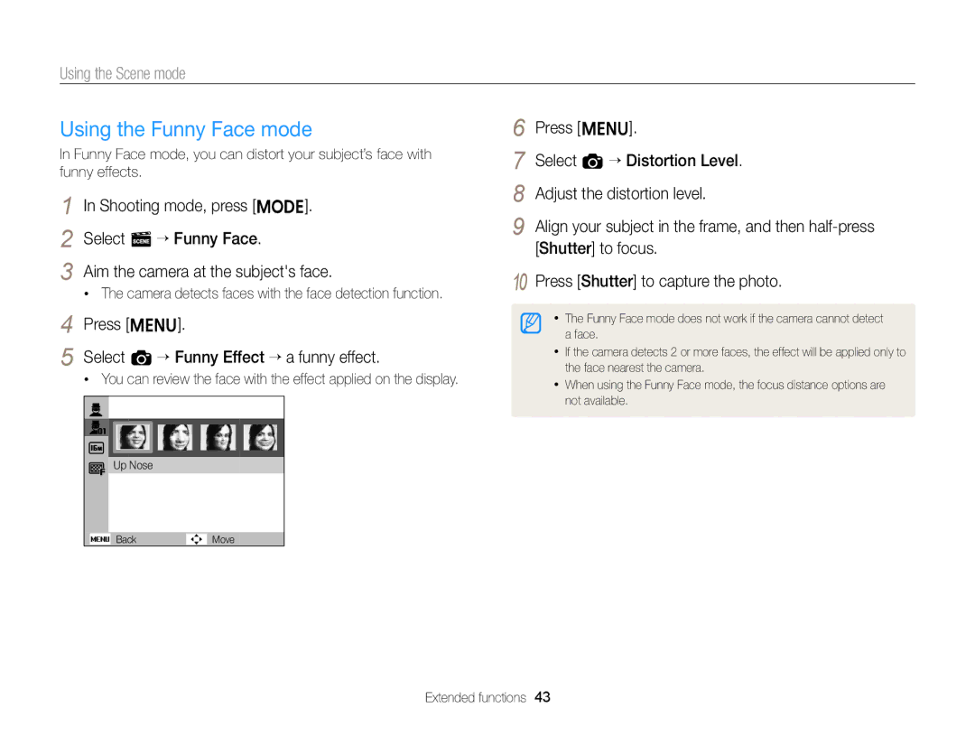 Samsung EC-ST66ZZBPRUS user manual Using the Funny Face mode, Press m Select a “ Funny Effect “ a funny effect 