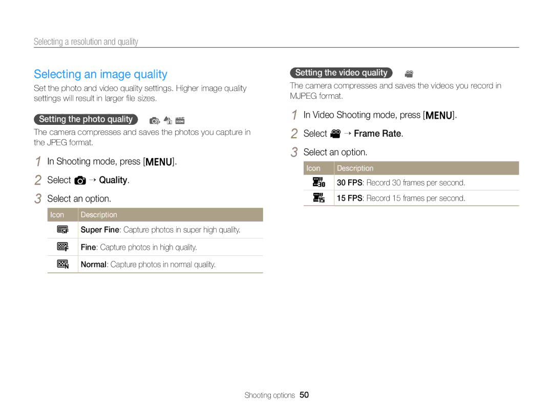 Samsung EC-ST66ZZBPRUS Selecting an image quality, Selecting a resolution and quality, Setting the photo quality p d s 