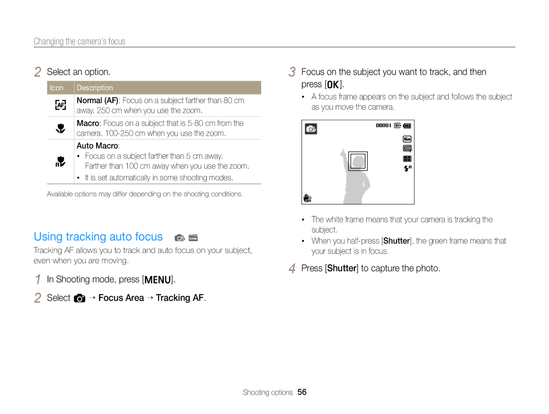 Samsung EC-ST66ZZBPRUS user manual Using tracking auto focus p s, Changing the camera’s focus 