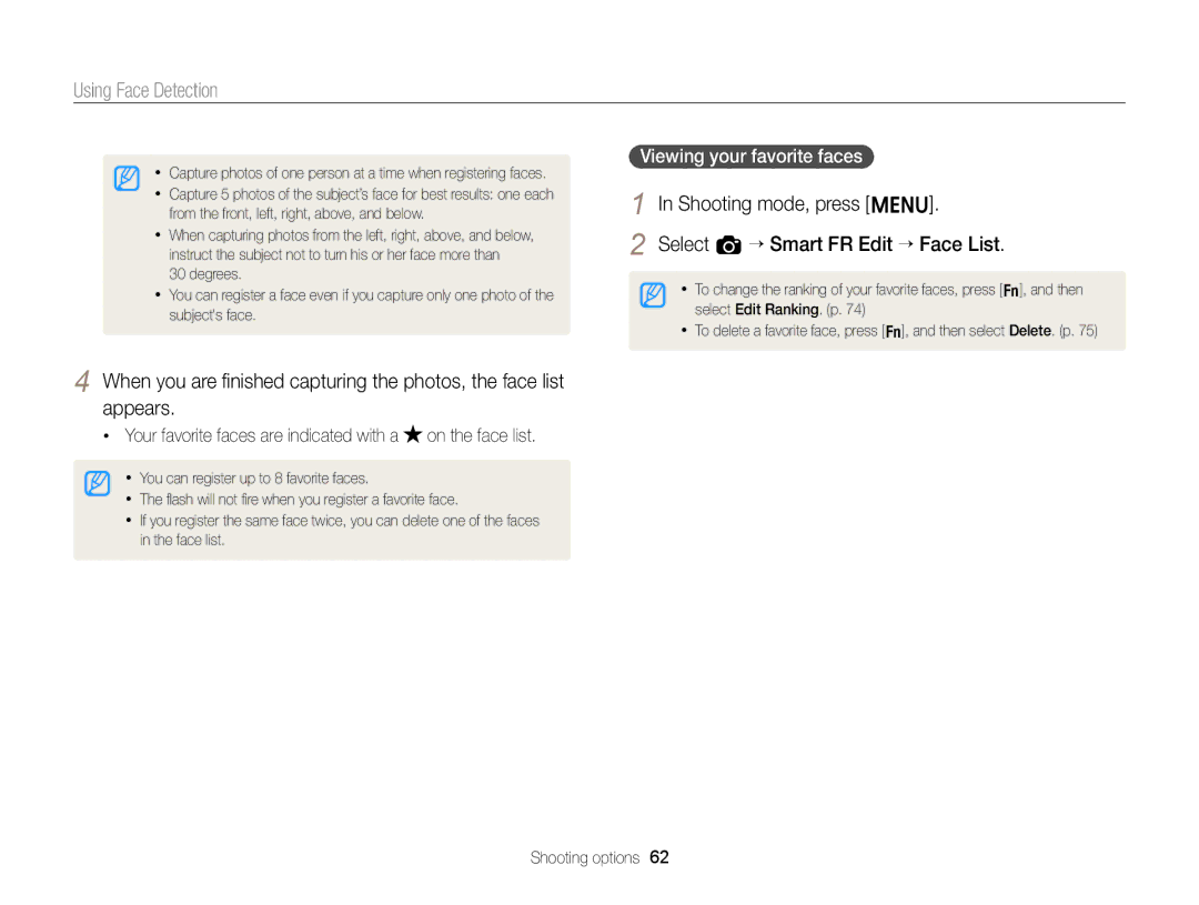 Samsung EC-ST66ZZBPRUS user manual Shooting mode, press m Select a “ Smart FR Edit “ Face List, Viewing your favorite faces 