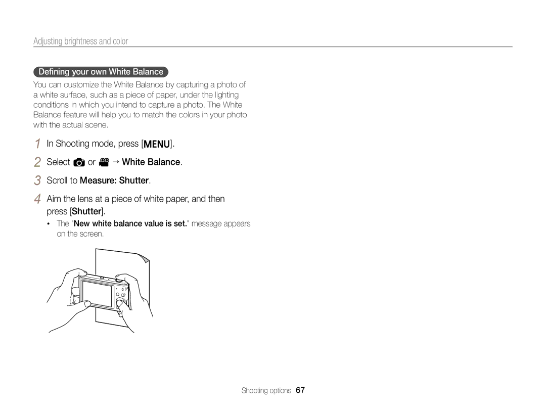 Samsung EC-ST66ZZBPRUS user manual Deﬁning your own White Balance 