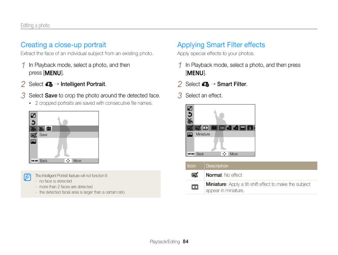 Samsung EC-ST66ZZBPRUS user manual Creating a close-up portrait Applying Smart Filter effects, Editing a photo 