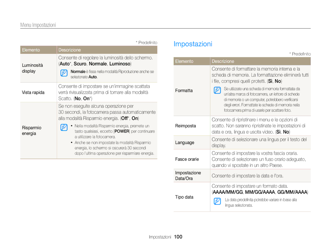 Samsung EC-ST66ZZBPUE1, EC-ST66ZZBPSE1, EC-ST66ZZBPPE1, EC-ST66ZZBPBE1, EC-ST66ZZFPSE1, EC-ST66ZZDDBME manual Impostazioni 