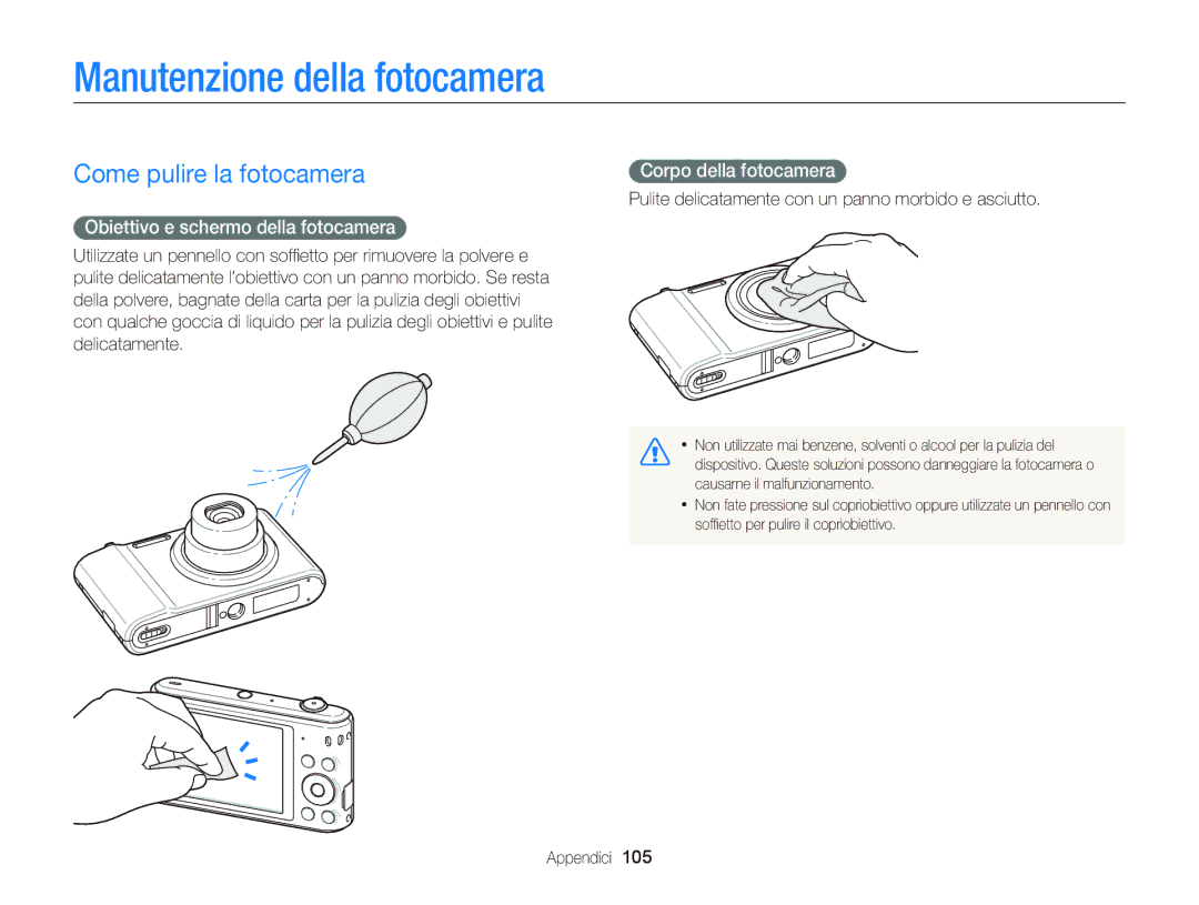 Samsung EC-ST66ZZDDRME Manutenzione della fotocamera, Come pulire la fotocamera, Obiettivo e schermo della fotocamera 