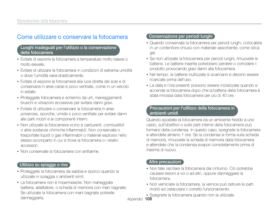 Samsung EC-ST66ZZDDPME, EC-ST66ZZBPSE1 manual Come utilizzare o conservare la fotocamera, Manutenzione della fotocamera 