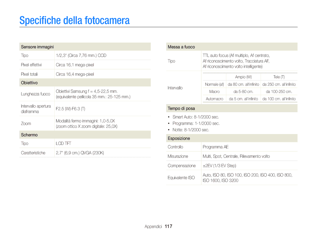 Samsung EC-ST66ZZDDRME, EC-ST66ZZBPSE1, EC-ST66ZZBPPE1, EC-ST66ZZBPBE1, EC-ST66ZZFPSE1 manual Speciﬁche della fotocamera 