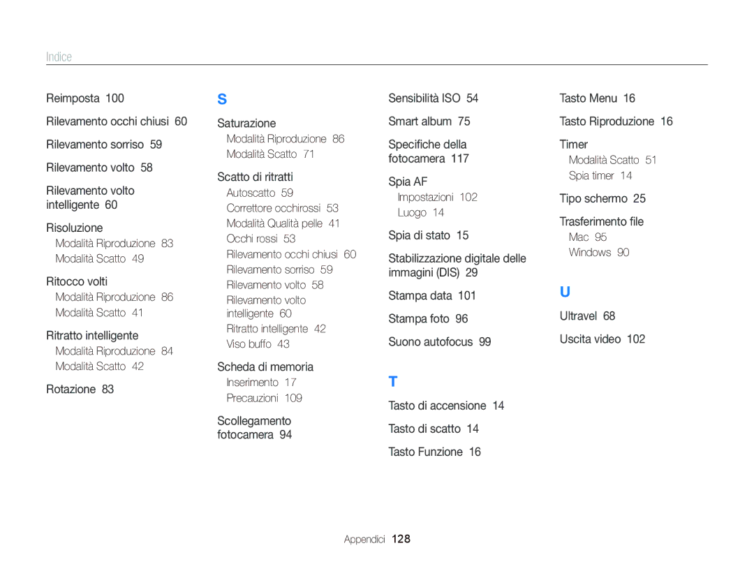 Samsung EC-ST66ZZFPPE1 manual Modalità Riproduzione 83 Modalità Scatto, Inserimento Precauzioni, Impostazioni Luogo 