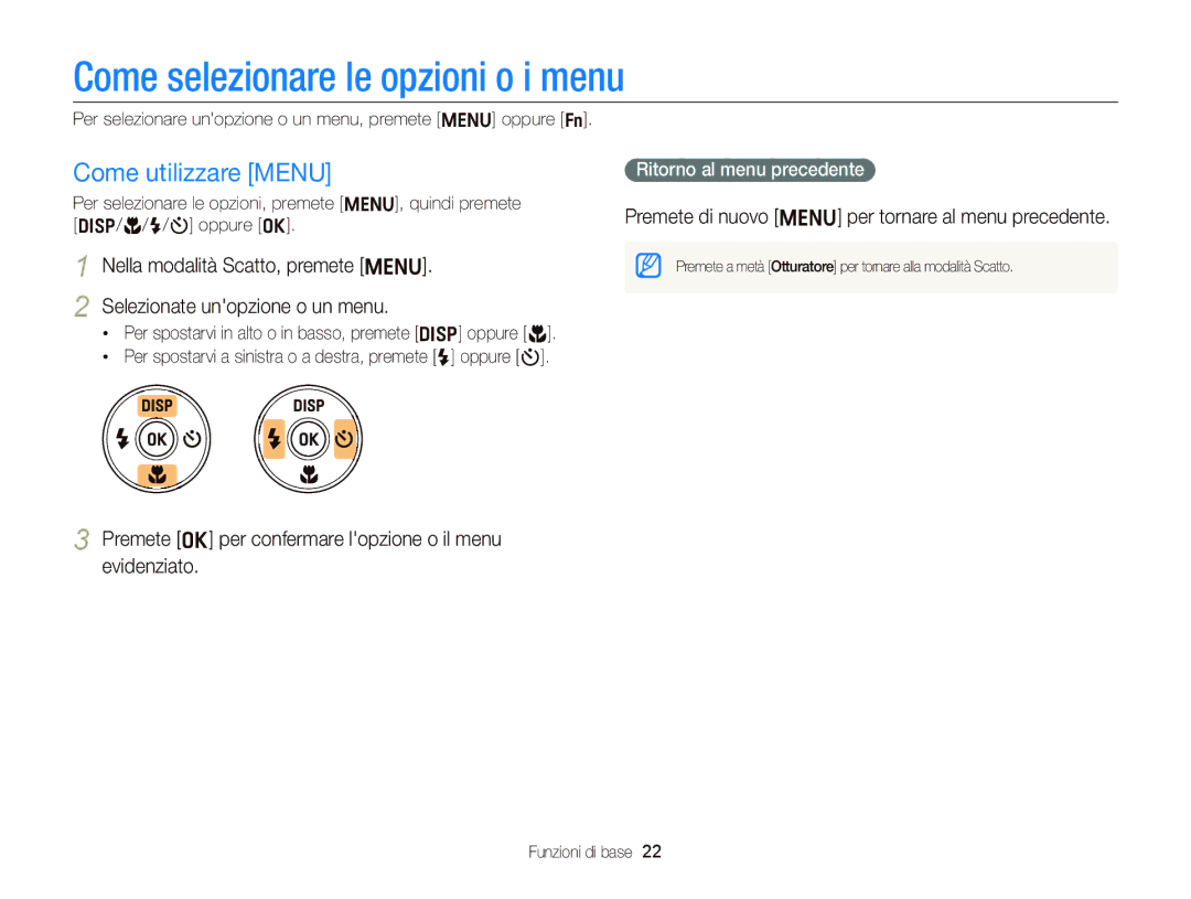 Samsung EC-ST66ZZDDPME manual Come selezionare le opzioni o i menu, Come utilizzare Menu, Ritorno al menu precedente 