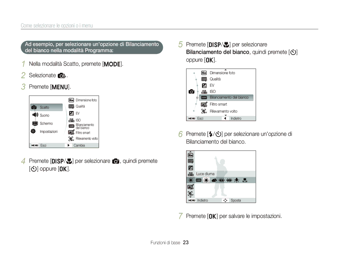 Samsung EC-ST66ZZBPSE1 Come selezionare le opzioni o i menu, Nella modalità Scatto, premete M Selezionate p Premete m 