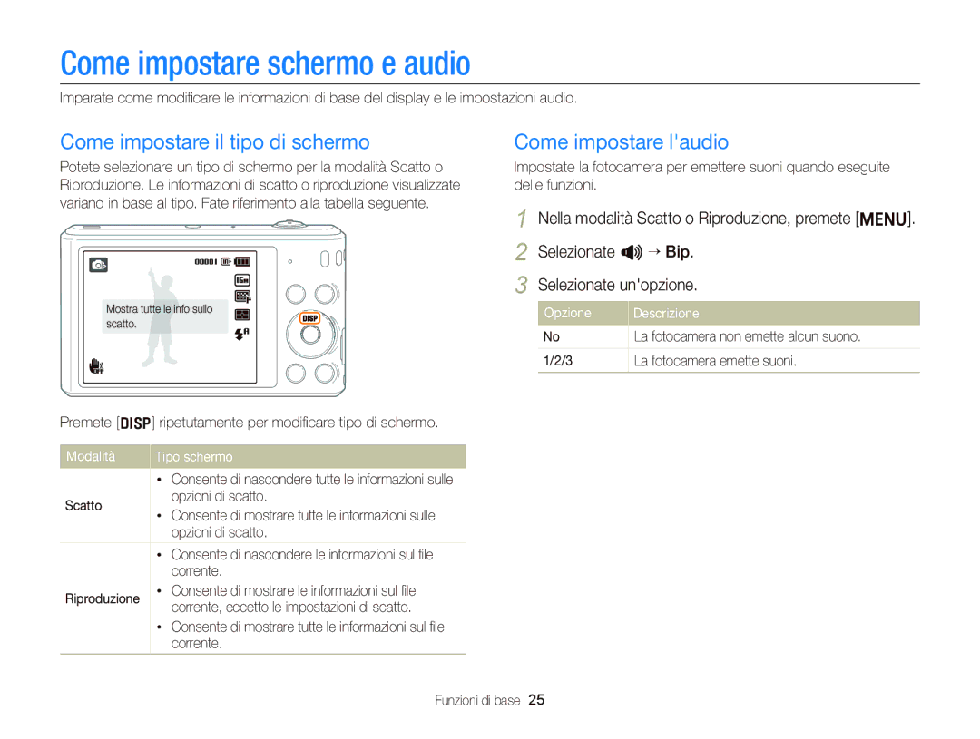 Samsung EC-ST66ZZBPBE1 manual Come impostare schermo e audio, Come impostare il tipo di schermo, Come impostare laudio 