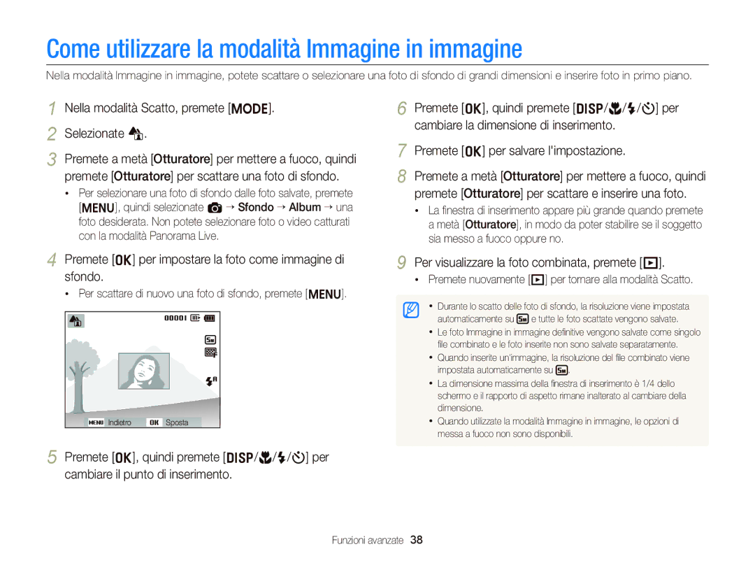 Samsung EC-ST66ZZFPSE1 Come utilizzare la modalità Immagine in immagine, Nella modalità Scatto, premete M Selezionate d 