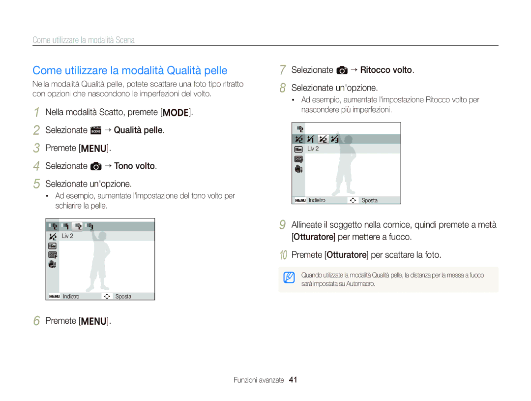 Samsung EC-ST66ZZFPUE1, EC-ST66ZZBPSE1, EC-ST66ZZBPPE1, EC-ST66ZZBPBE1 manual Come utilizzare la modalità Qualità pelle 