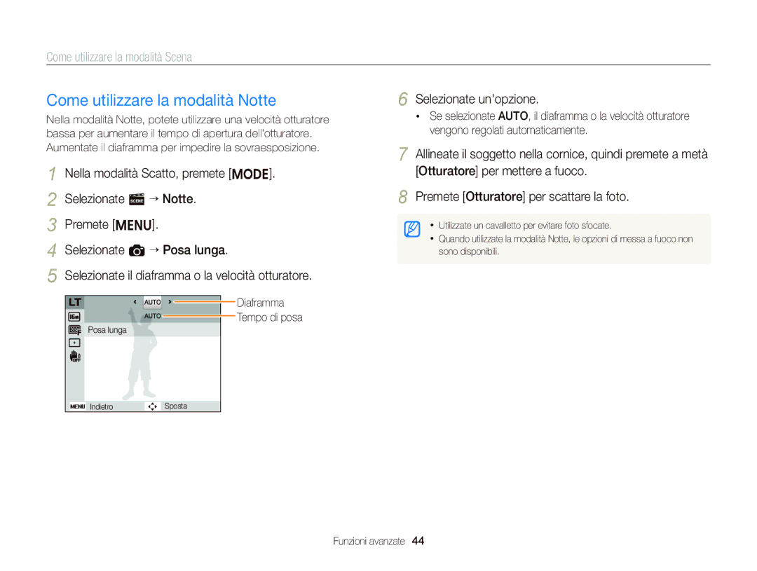 Samsung EC-ST66ZZFPPE1, EC-ST66ZZBPSE1, EC-ST66ZZBPPE1 manual Come utilizzare la modalità Notte, Diaframma Tempo di posa 