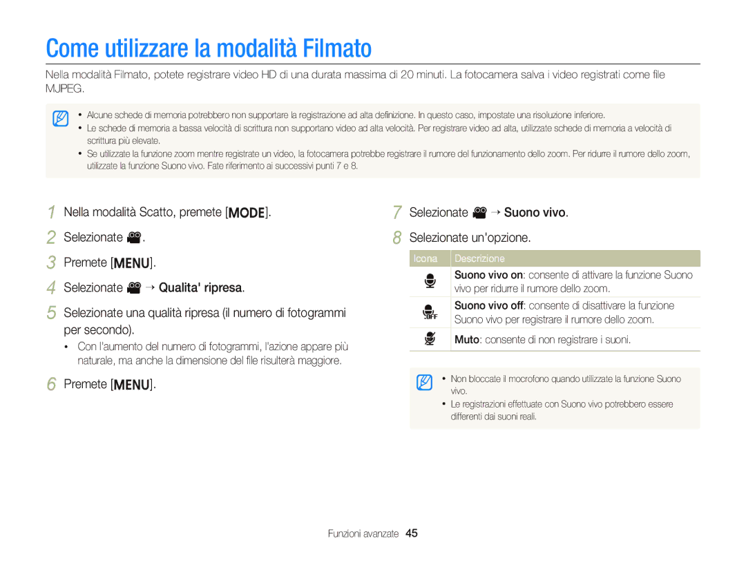 Samsung EC-ST66ZZDDRME, EC-ST66ZZBPSE1 Come utilizzare la modalità Filmato, Selezionate v “ Qualita ripresa, Per secondo 