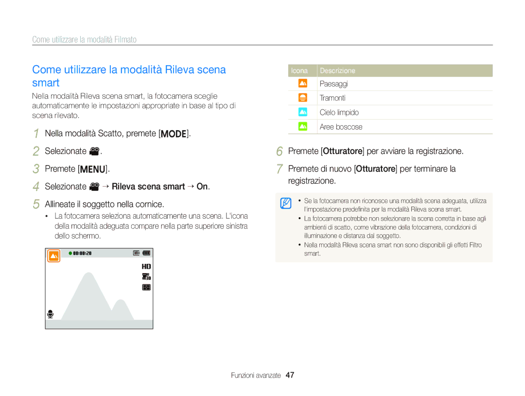 Samsung EC-ST66ZZBPSE1 manual Come utilizzare la modalità Rileva scena smart, Paesaggi Tramonti Cielo limpido Aree boscose 