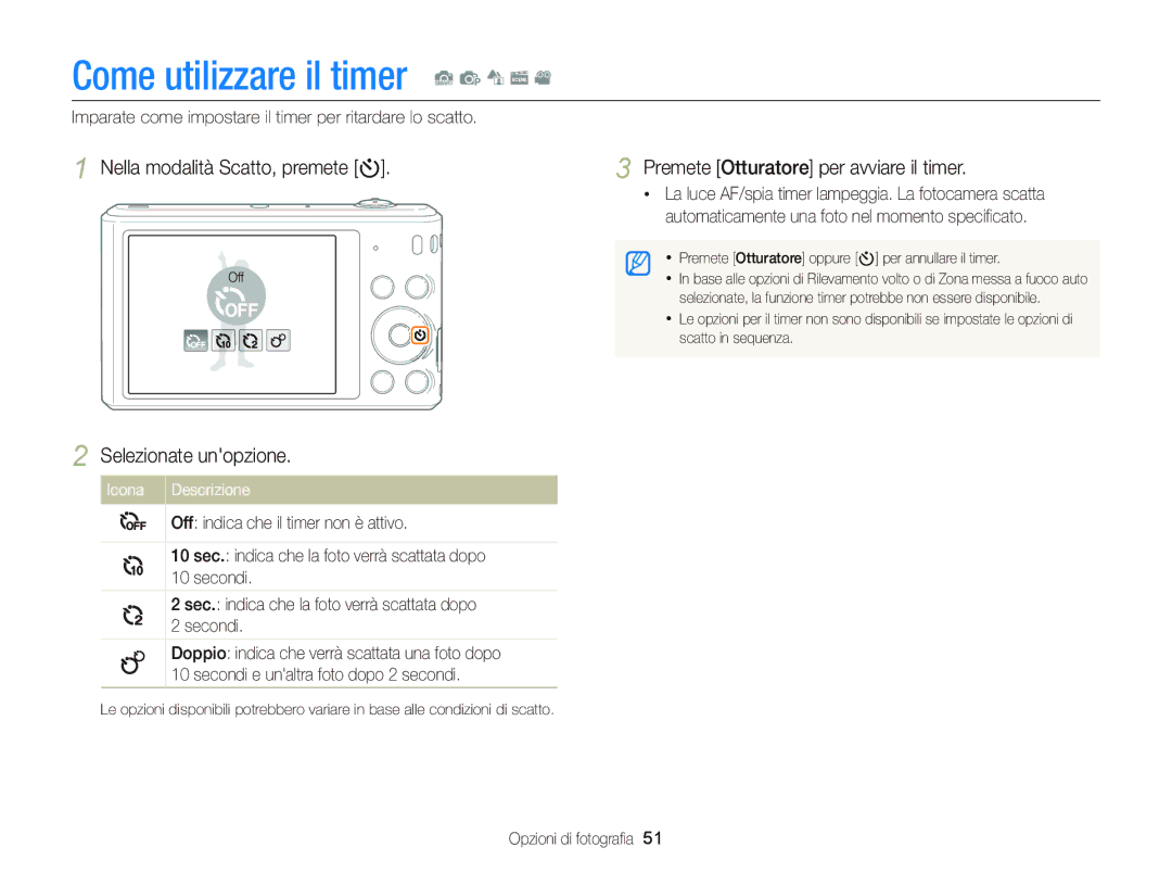 Samsung EC-ST66ZZDDBME, EC-ST66ZZBPSE1, EC-ST66ZZBPPE1 Come utilizzare il timer S p d s, Nella modalità Scatto, premete t 