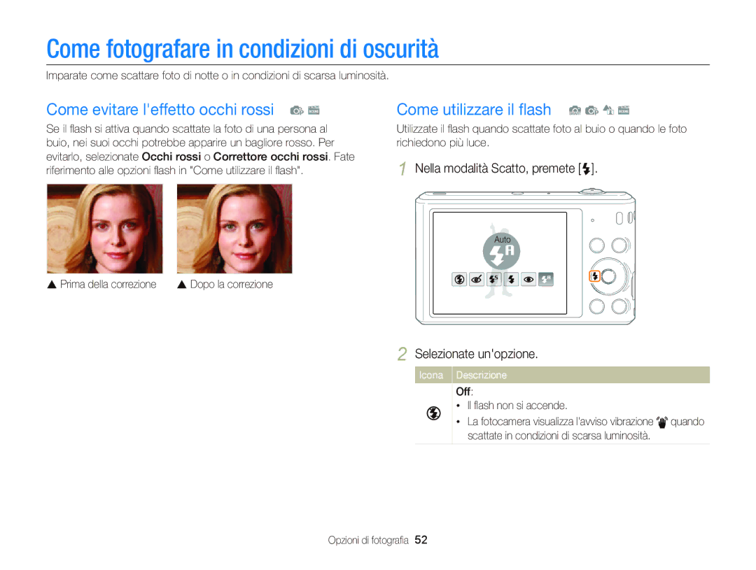 Samsung EC-ST66ZZBPUE1, EC-ST66ZZBPSE1 Come fotografare in condizioni di oscurità, Come evitare leffetto occhi rossi p s 