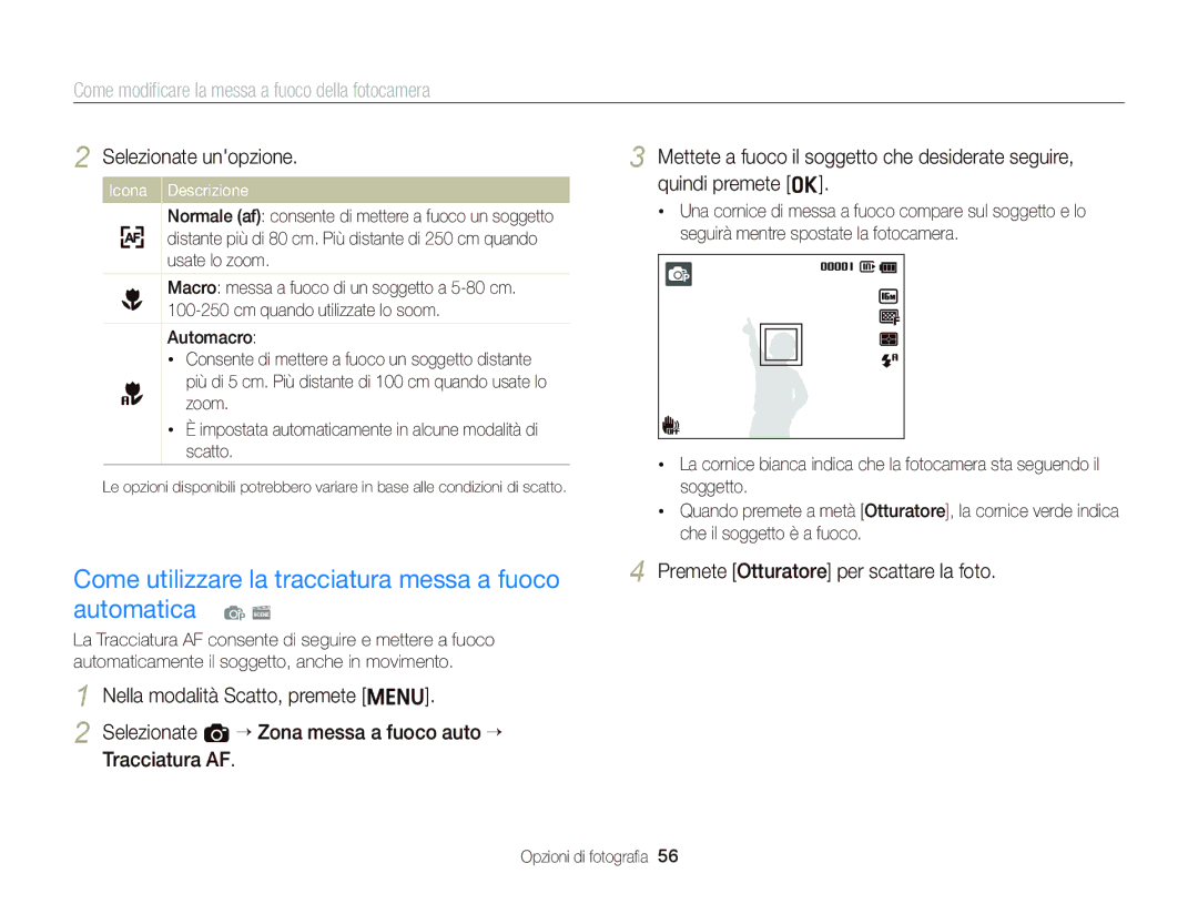 Samsung EC-ST66ZZFPPE1, EC-ST66ZZBPSE1, EC-ST66ZZBPPE1 manual Come utilizzare la tracciatura messa a fuoco automatica p s 