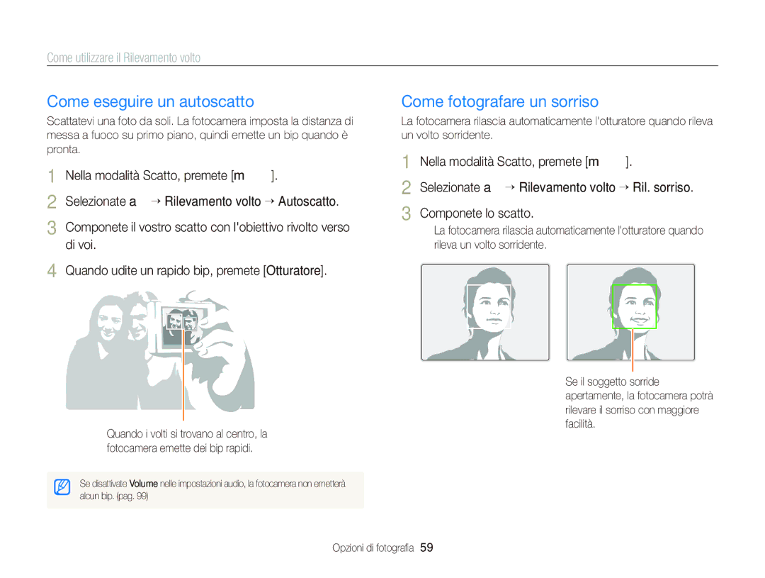 Samsung EC-ST66ZZBPSE1 Come eseguire un autoscatto, Come fotografare un sorriso, Come utilizzare il Rilevamento volto 