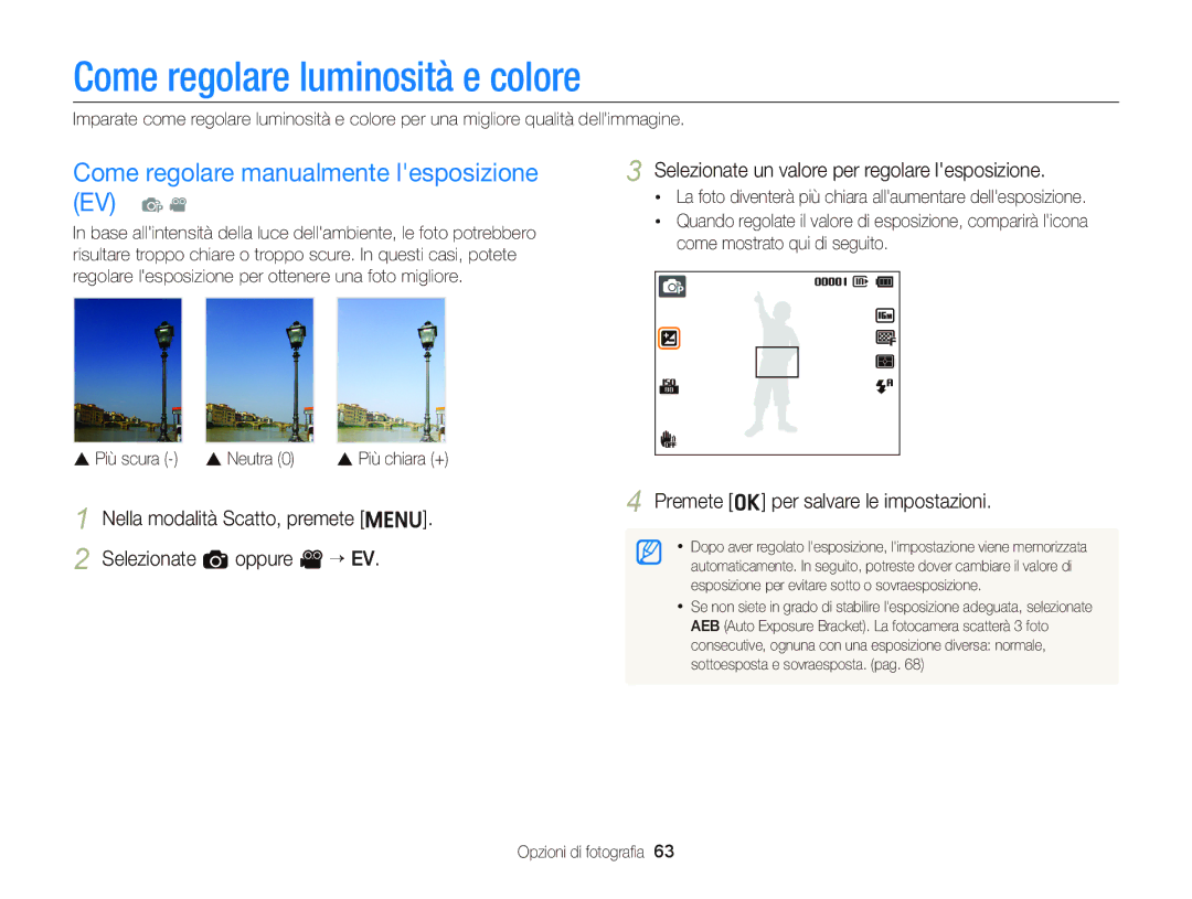 Samsung EC-ST66ZZDDBME Come regolare luminosità e colore, Come regolare manualmente lesposizione EV p, Neutra 