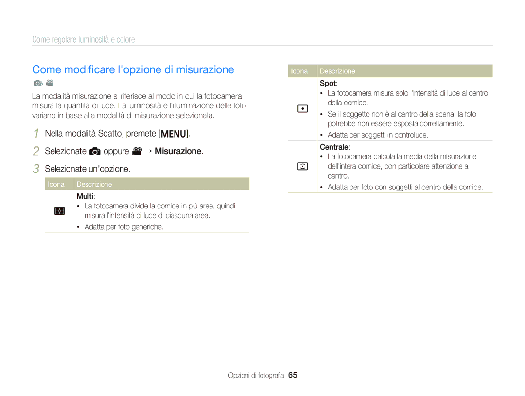Samsung EC-ST66ZZFPUE1, EC-ST66ZZBPSE1 manual Come modiﬁcare lopzione di misurazione, Nella modalità Scatto, premete m 