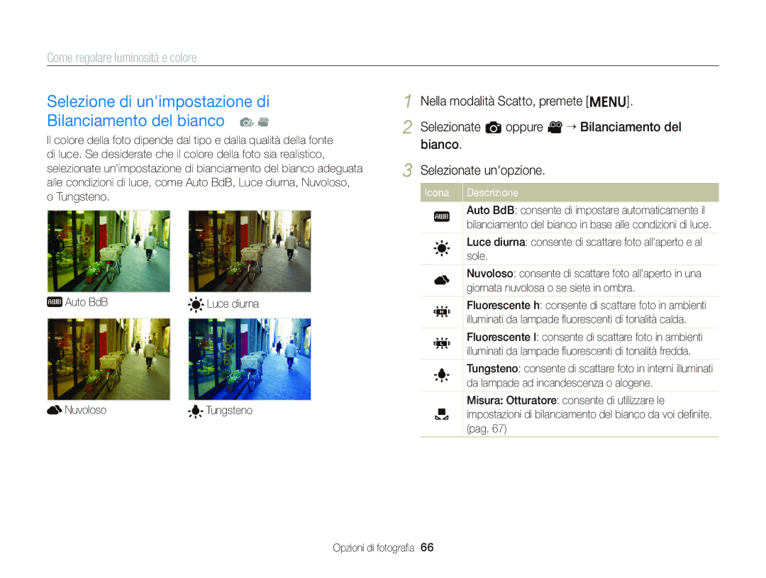 Samsung EC-ST66ZZFPBE1, EC-ST66ZZBPSE1, EC-ST66ZZBPPE1 manual Selezione di unimpostazione di Bilanciamento del bianco p, Sole 