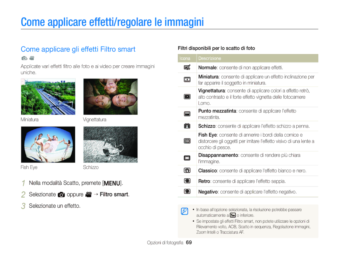 Samsung EC-ST66ZZDDRME manual Come applicare effetti/regolare le immagini, Come applicare gli effetti Filtro smart 