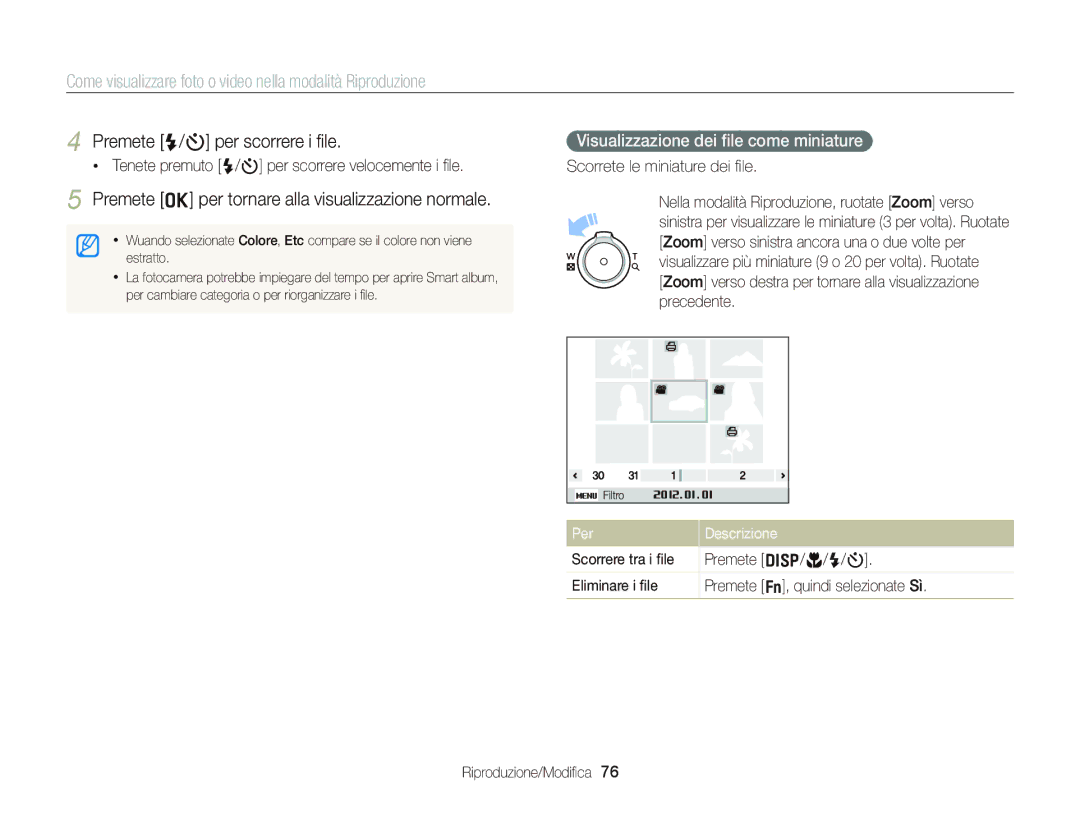 Samsung EC-ST66ZZBPUE1 manual Premete o per tornare alla visualizzazione normale, Visualizzazione dei ﬁle come miniature 