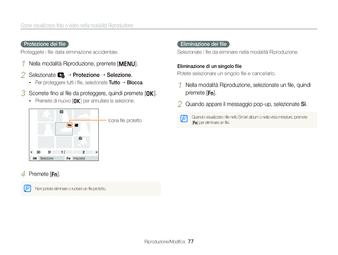 Samsung EC-ST66ZZFPUE1 manual Scorrete ﬁno al ﬁle da proteggere, quindi premete o, Protezione dei ﬁle, Eliminazione dei ﬁle 