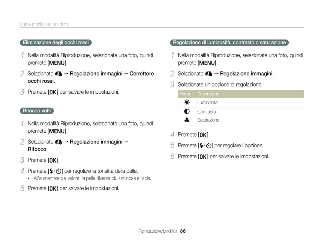 Samsung EC-ST66ZZFPSE1 Eliminazione degli occhi rossi, Ritocco volti, Regolazione di luminosità, contrasto o saturazione 