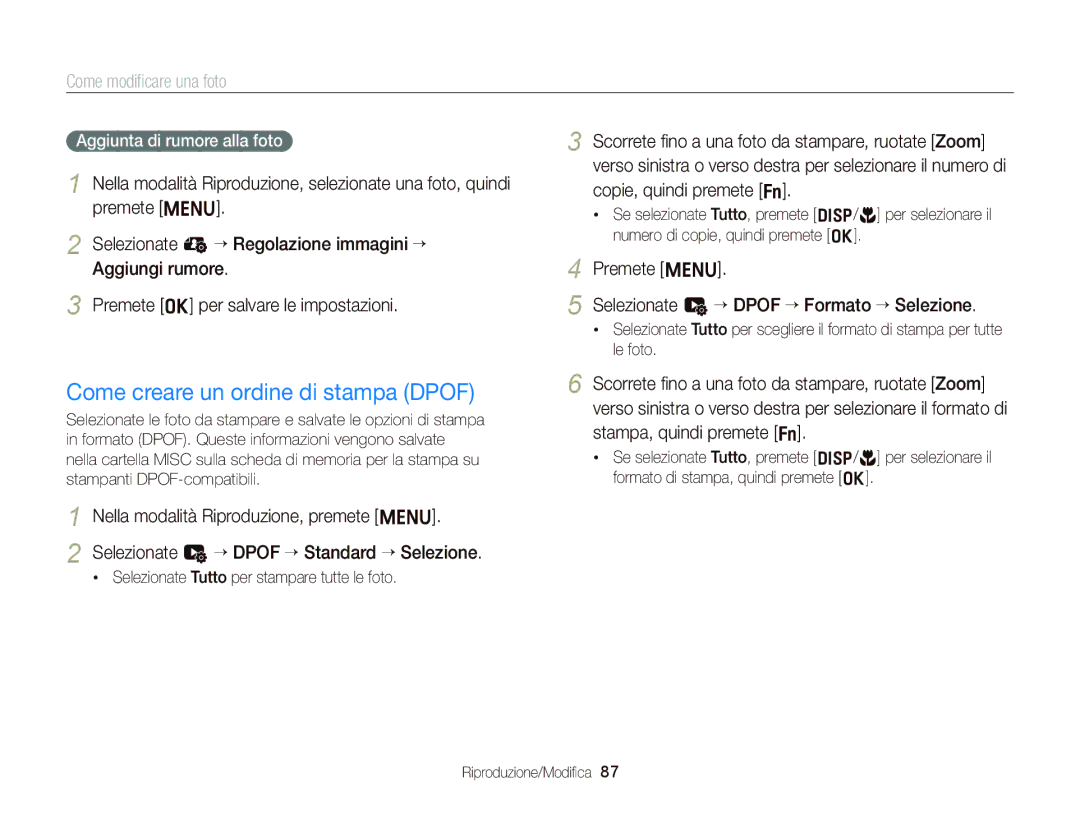 Samsung EC-ST66ZZDDBME manual Come creare un ordine di stampa Dpof, Premete m Selezionate u “ Dpof “ Formato “ Selezione 