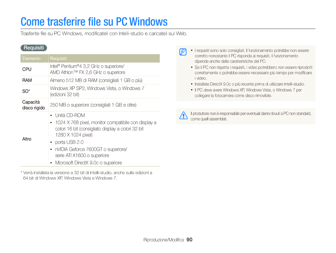 Samsung EC-ST66ZZFPBE1, EC-ST66ZZBPSE1, EC-ST66ZZBPPE1 manual Come trasferire ﬁle su PC Windows, Elemento Requisiti 