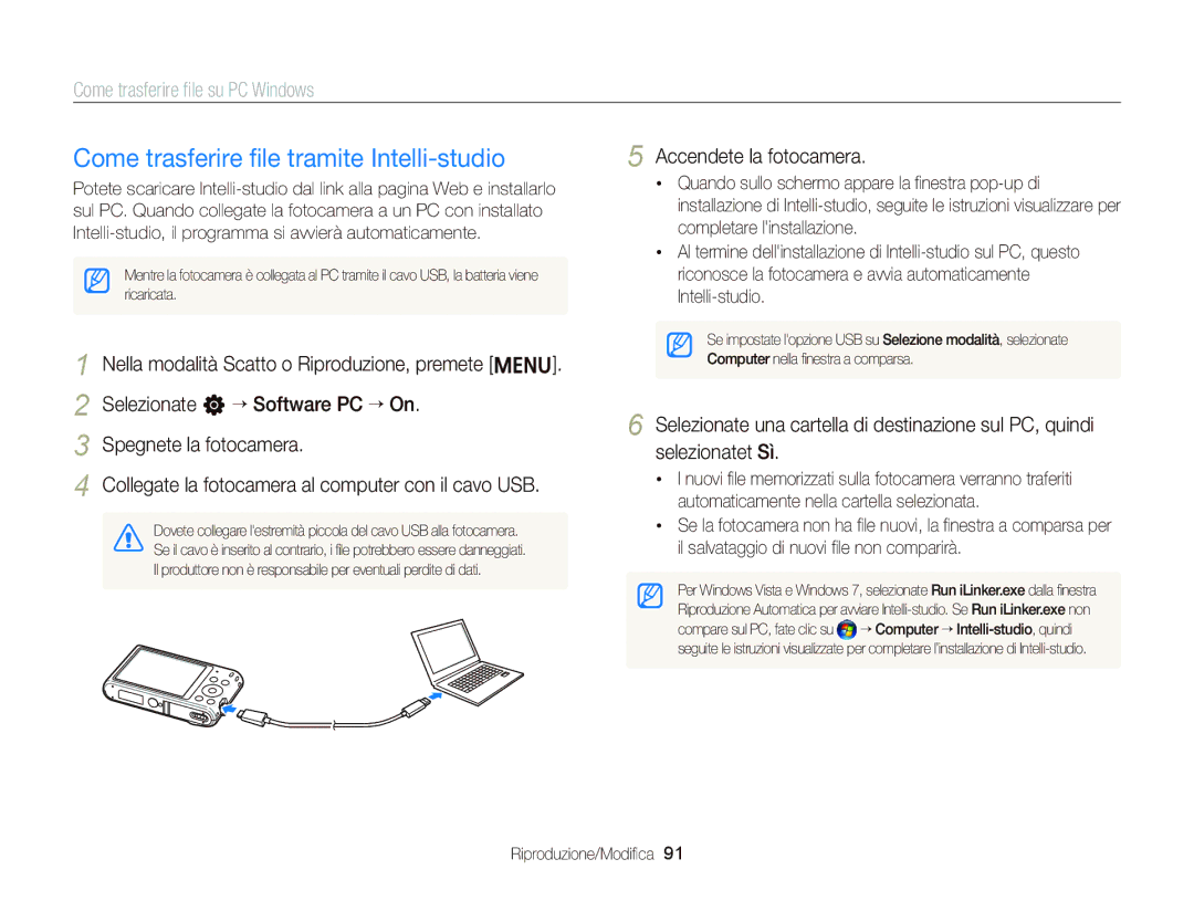 Samsung EC-ST66ZZDDSME, EC-ST66ZZBPSE1 manual Come trasferire ﬁle tramite Intelli-studio, Come trasferire ﬁle su PC Windows 