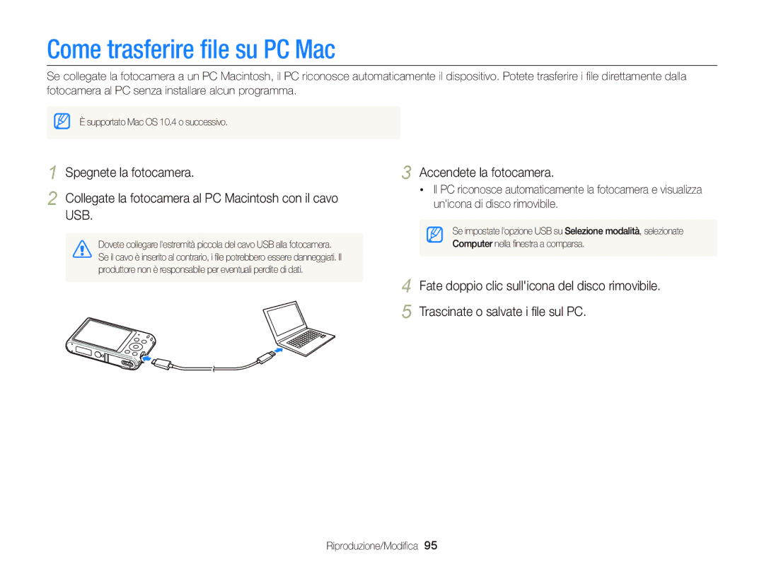 Samsung EC-ST66ZZBPSE1, EC-ST66ZZBPPE1, EC-ST66ZZBPBE1, EC-ST66ZZFPSE1, EC-ST66ZZDDBME manual Come trasferire ﬁle su PC Mac 