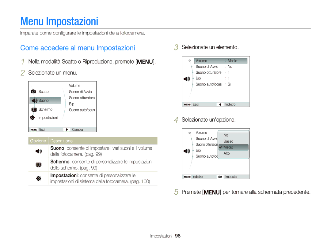 Samsung EC-ST66ZZFPSE1, EC-ST66ZZBPSE1 manual Menu Impostazioni, Come accedere al menu Impostazioni, Selezionate un elemento 