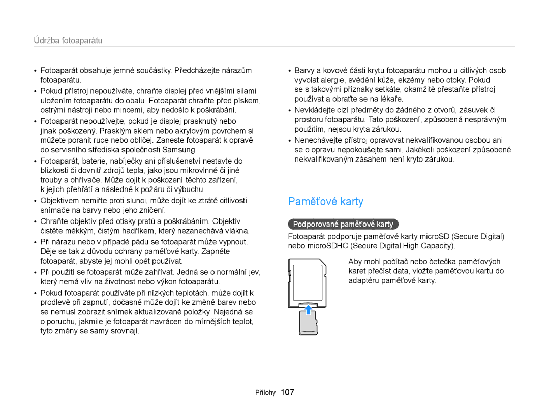 Samsung EC-ST66ZZBPUE3, EC-ST66ZZBPSE3, EC-ST66ZZBPBE3, EC-ST66ZZFPPE3 manual Paměťové karty, Podporované paměťové karty 