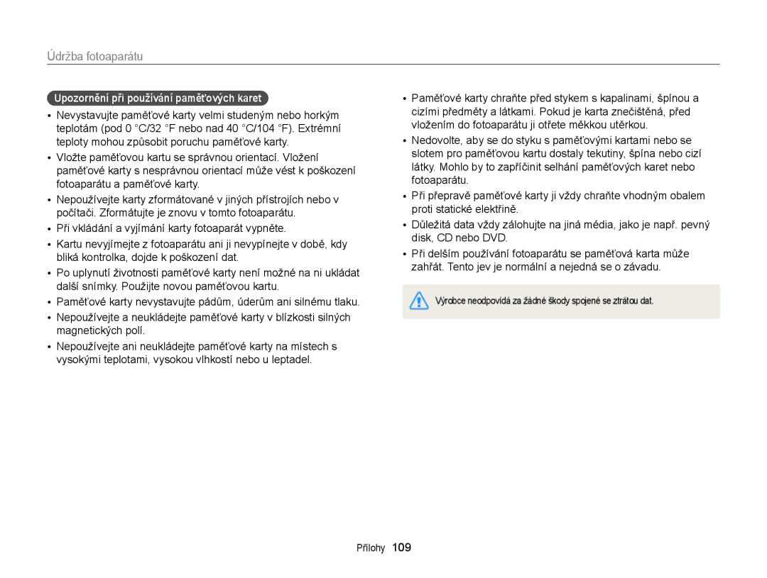 Samsung EC-ST66ZZBPSE3, EC-ST66ZZBPBE3, EC-ST66ZZFPPE3, EC-ST66ZZFPBE3 manual Upozornění při používání paměťových karet 