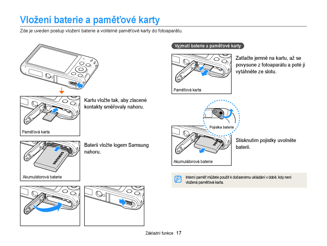 Samsung EC-ST66ZZBPUE3, EC-ST66ZZBPSE3 manual Vložení baterie a paměťové karty, Baterii vložte logem Samsung nahoru 