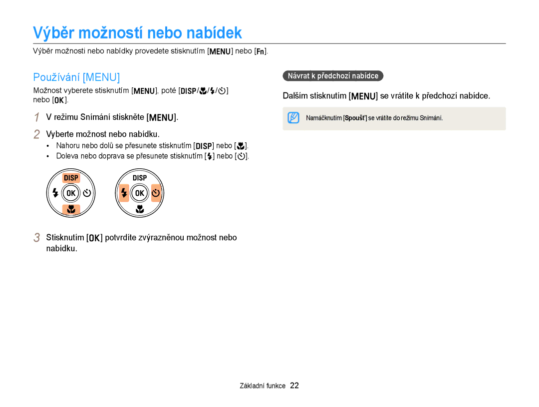 Samsung EC-ST66ZZFPBE3 Výběr možností nebo nabídek, Používání Menu, Dalším stisknutím m se vrátíte k předchozí nabídce 