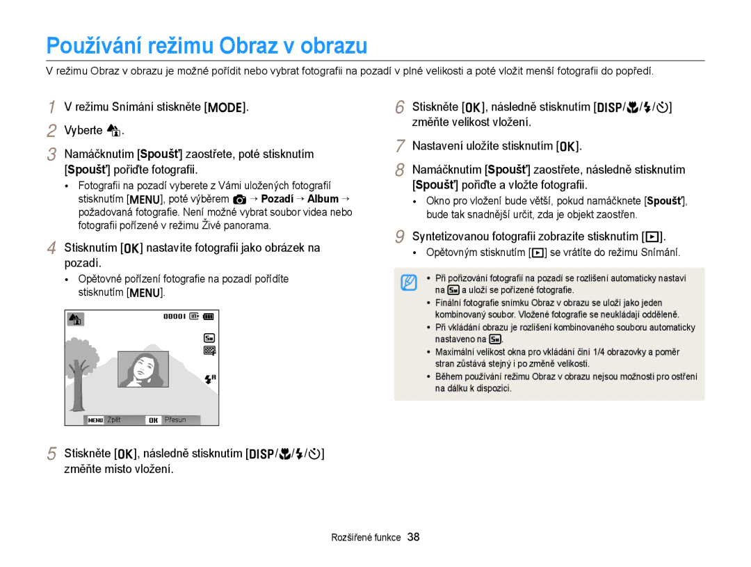 Samsung EC-ST66ZZBPPE3, EC-ST66ZZBPSE3, EC-ST66ZZBPBE3, EC-ST66ZZFPPE3, EC-ST66ZZFPBE3 manual Používání režimu Obraz v obrazu 