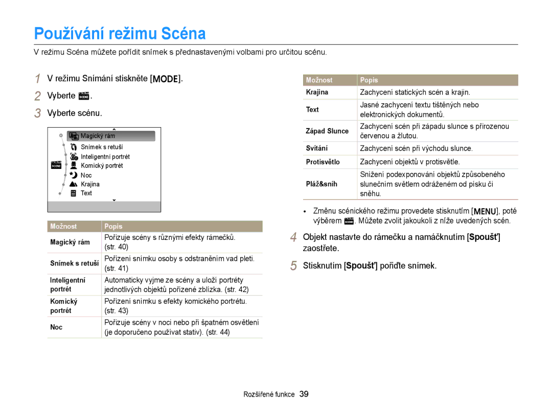 Samsung EC-ST66ZZBPSE3, EC-ST66ZZBPBE3 manual Používání režimu Scéna, Režimu Snímání stiskněte M Vyberte s Vyberte scénu 