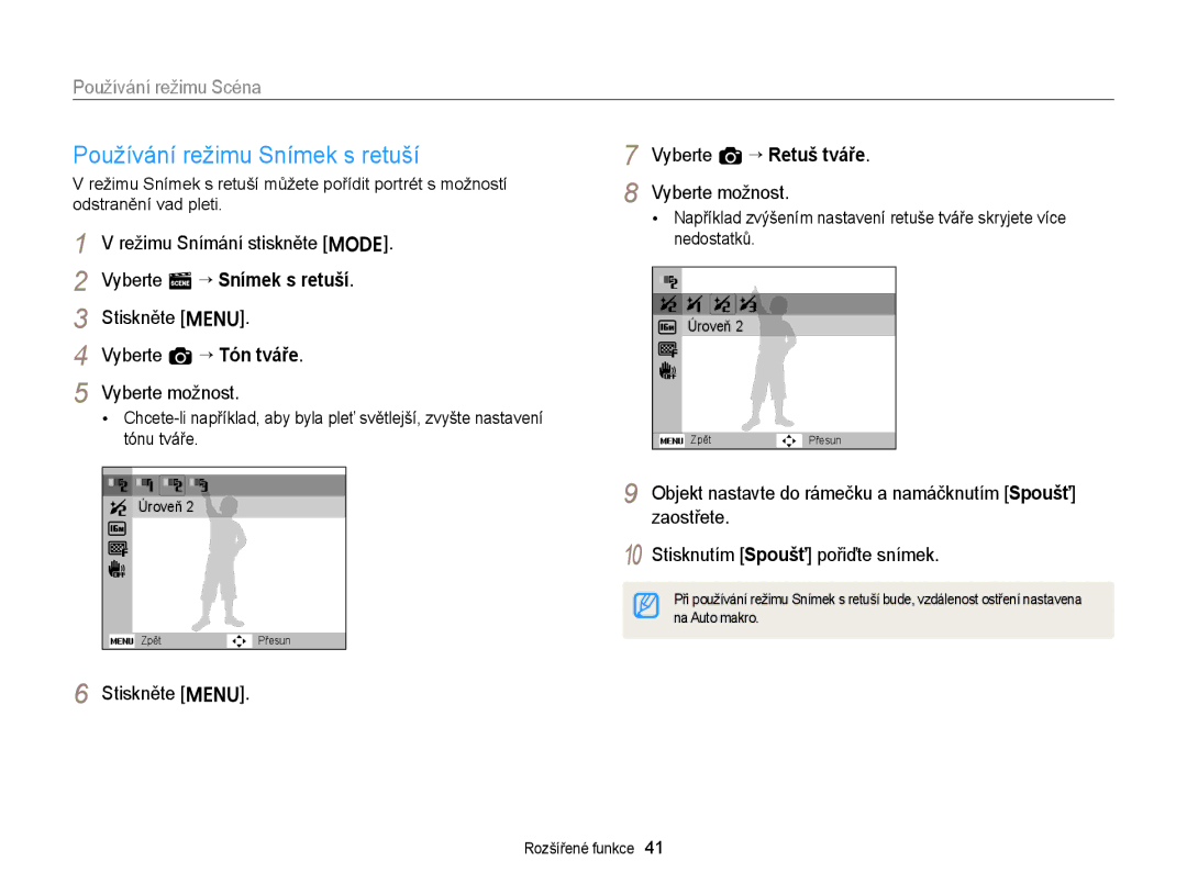 Samsung EC-ST66ZZFPPE3 manual Používání režimu Snímek s retuší, Režimu Snímání stiskněte M Vyberte s “ Snímek s retuší 