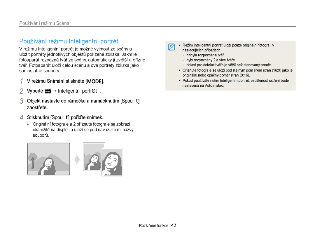 Samsung EC-ST66ZZFPBE3 Používání režimu Inteligentní portrét, Režimu Snímání stiskněte M, Vyberte s “ Inteligentní portrét 