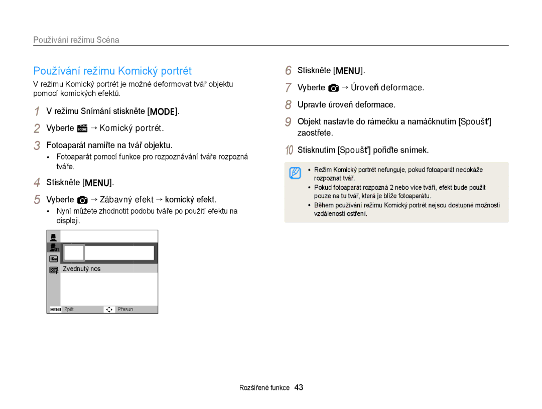 Samsung EC-ST66ZZFPSE3 manual Používání režimu Komický portrét, Režimu Snímání stiskněte M Vyberte s “ Komický portrét 