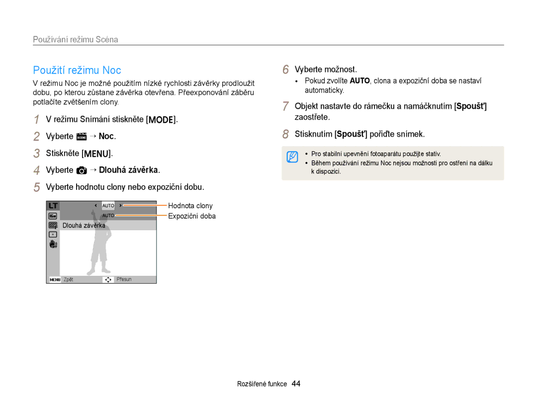 Samsung EC-ST66ZZBPRE3, EC-ST66ZZBPSE3 manual Použití režimu Noc, Vyberte s “ Noc Stiskněte m, Vyberte a “ Dlouhá závěrka 