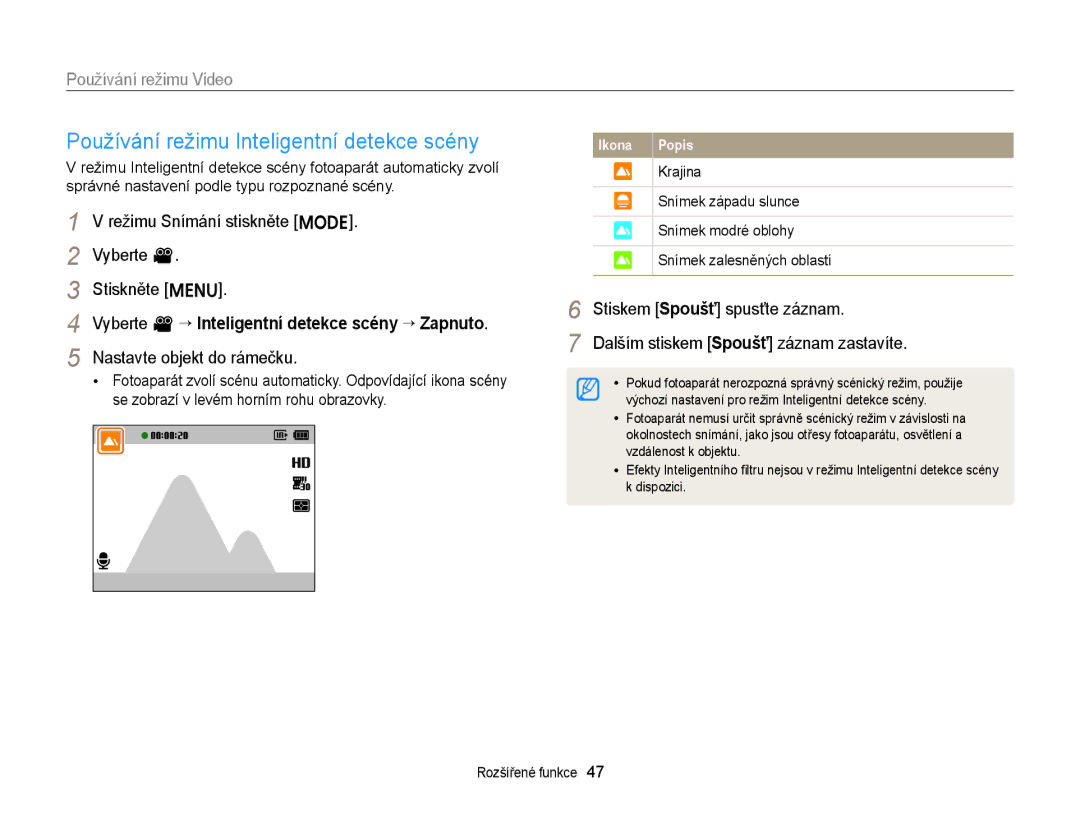 Samsung EC-ST66ZZBPUE3, EC-ST66ZZBPSE3 Používání režimu Inteligentní detekce scény, Režimu Snímání stiskněte M Stiskněte m 