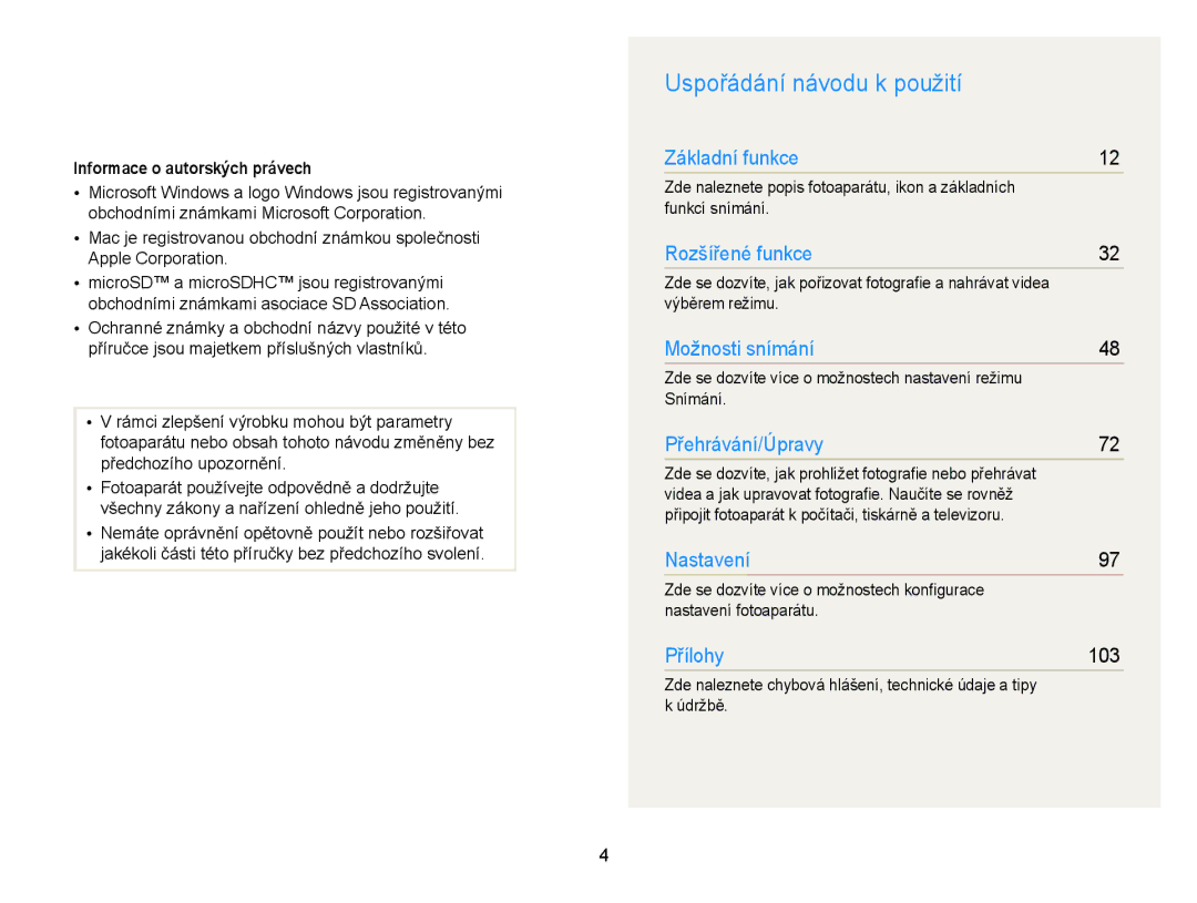 Samsung EC-ST66ZZBPRE3, EC-ST66ZZBPSE3, EC-ST66ZZBPBE3 manual Uspořádání návodu k použití, Informace o autorských právech 